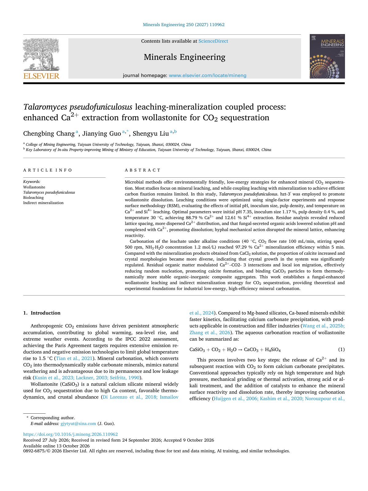 First page of Talaromyces pseudofuniculosus leaching mineralization coupled 2027 Minerals 