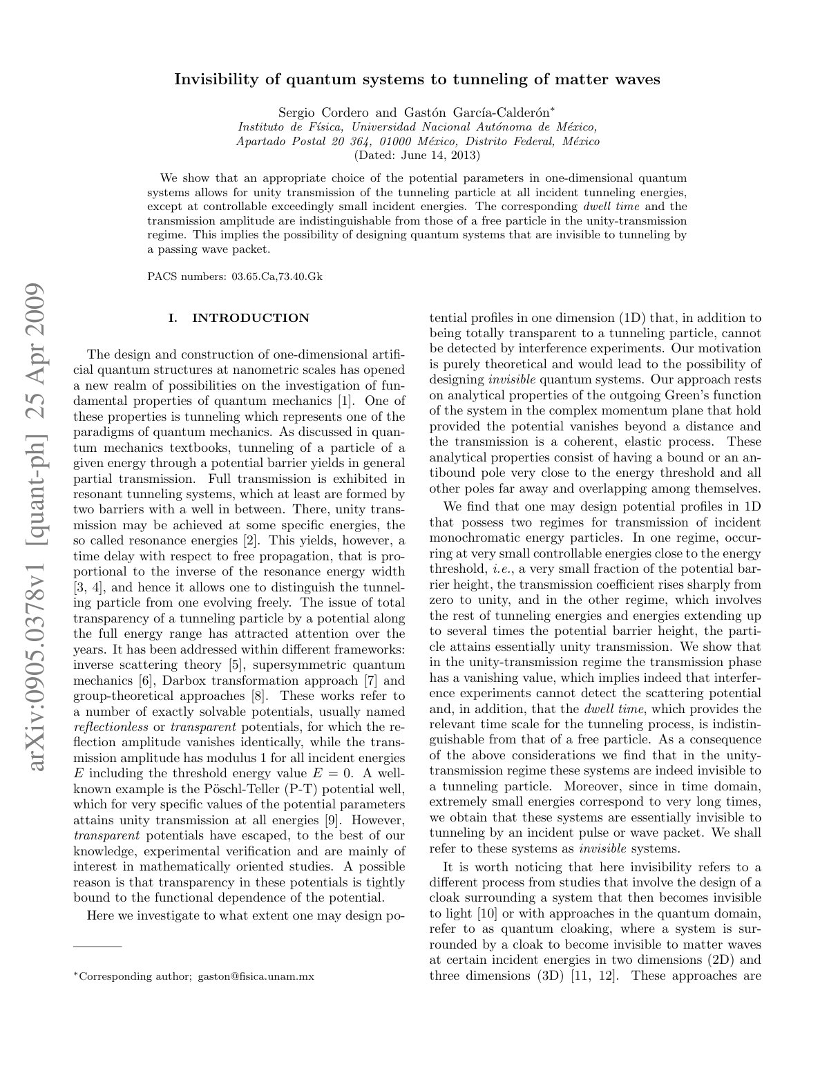 First page of Invisibility of quantum systems to tunne
