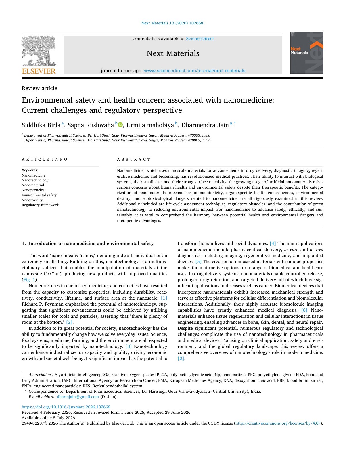 First page of Environmental safety and health concern associated with nanomed 2026 Next Ma