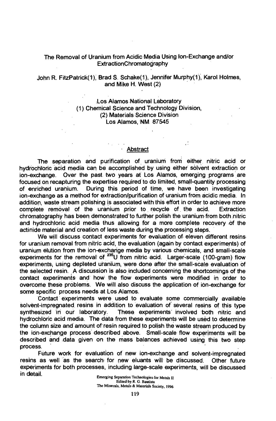 First page of The Removal of Uranium from Acidic Media Using Ion-Exchange and Extraction Chromatography