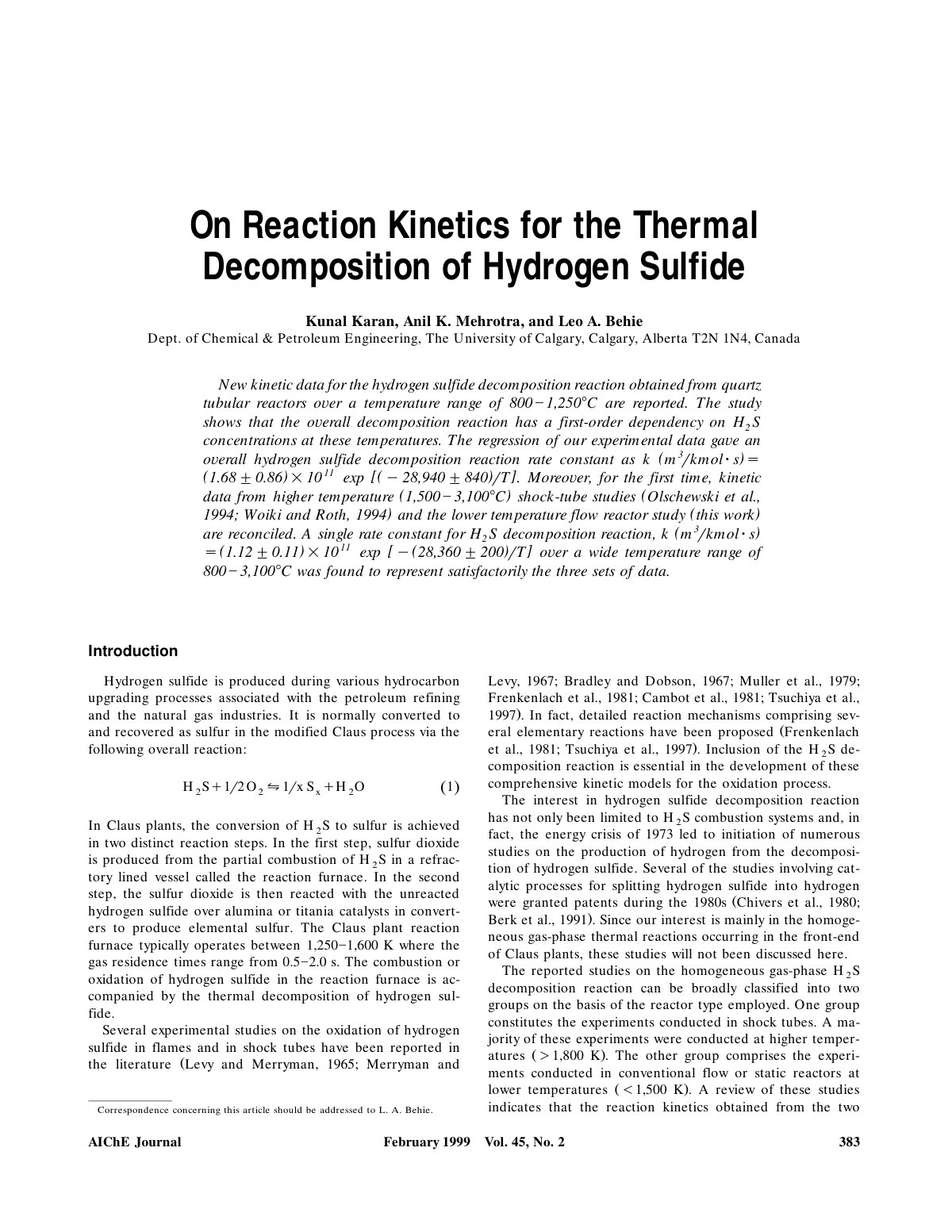 First page of On Reaction Kinetics for the Thermal Decomposition of Hydrogen Sulfide