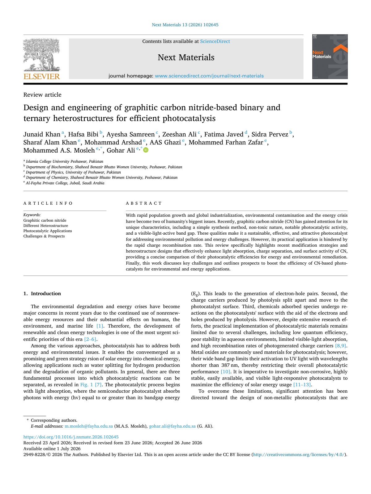 First page of Design and engineering of graphitic carbon nitride based binary 2026 Next Ma