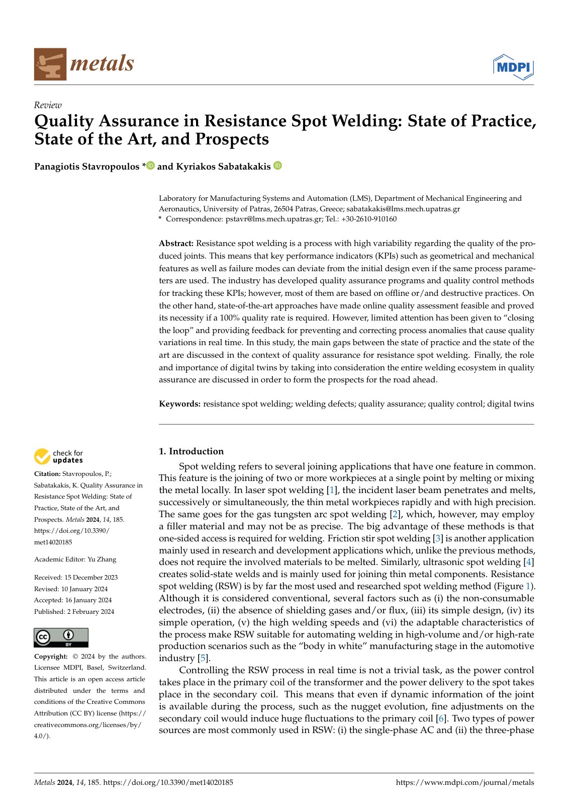 First page of Quality Assurance in Resistance Spot Welding: State of Practice, State of the Art, and Prospects