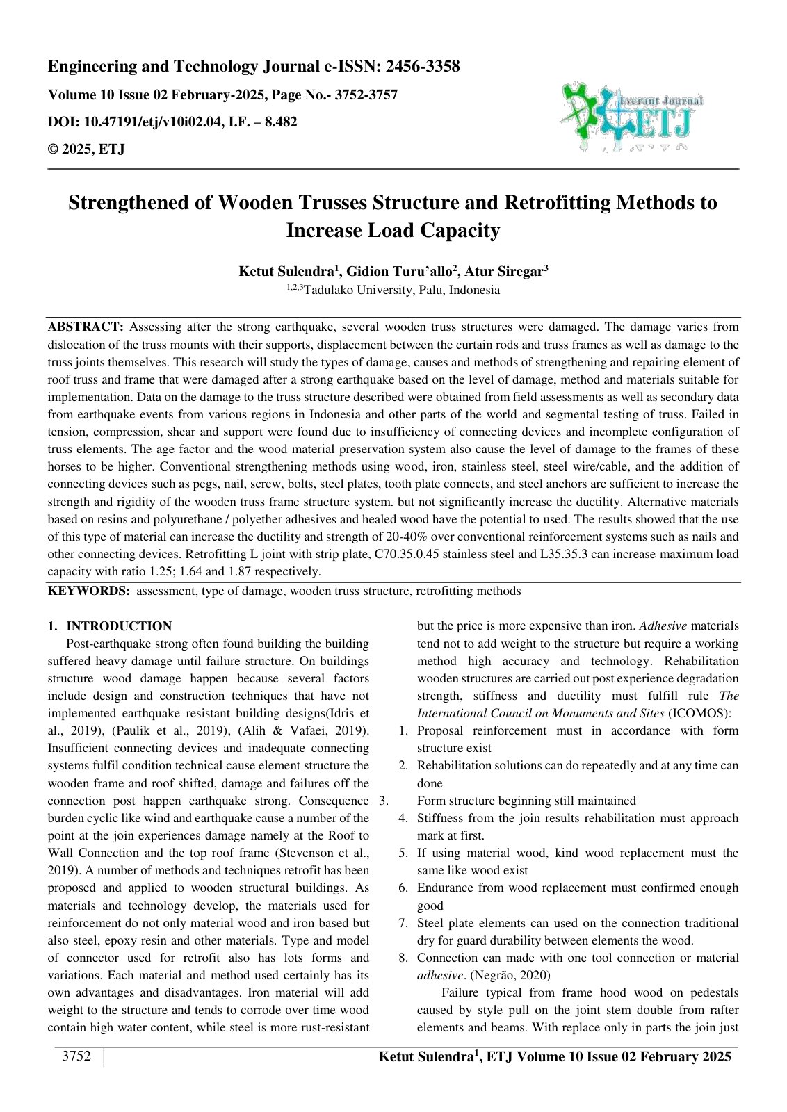 First page of Strengthened of Wooden Trusses Structure and Retrofitting Methods to  Increase Load Capacity  