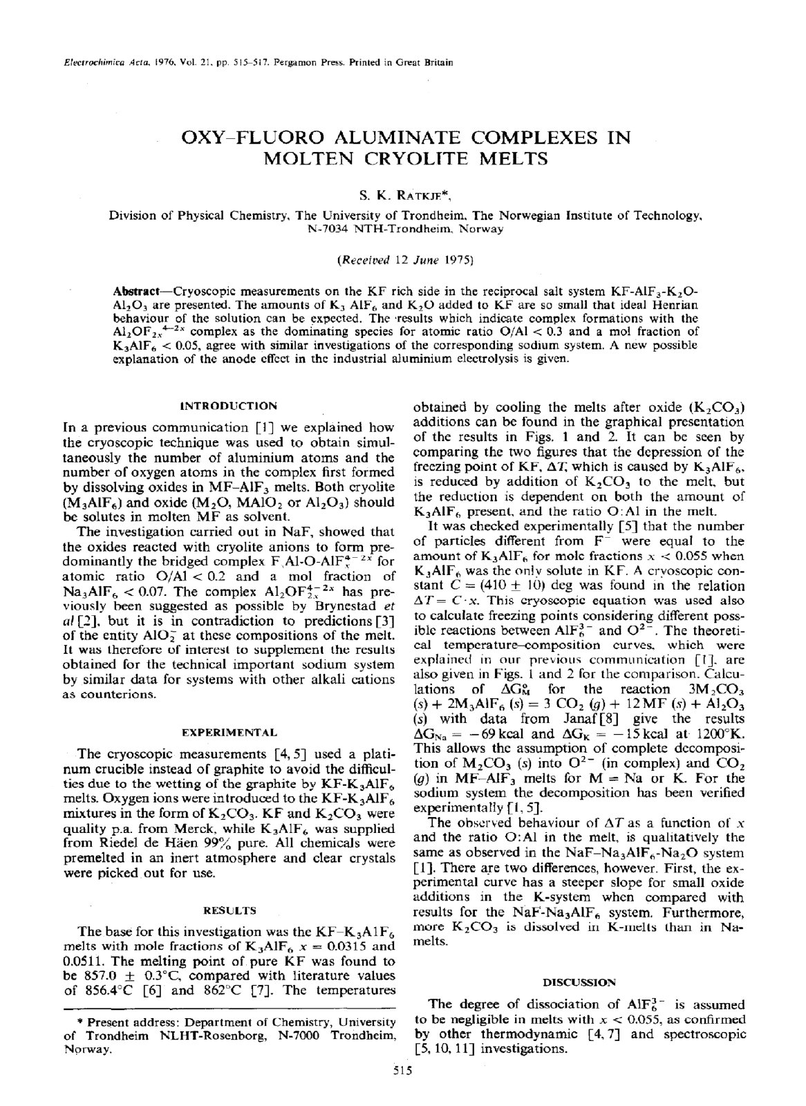 First page of Oxy fluoro aluminate complexes in molten