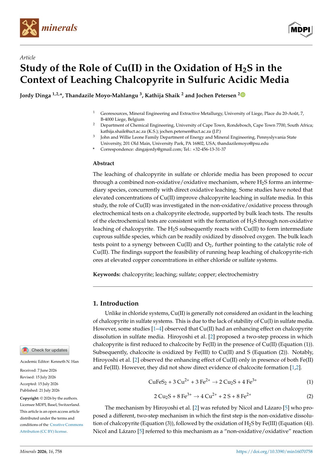 First page of 2026   Dinga   CuII role in chalcopyrite sulfuric acid leaching
