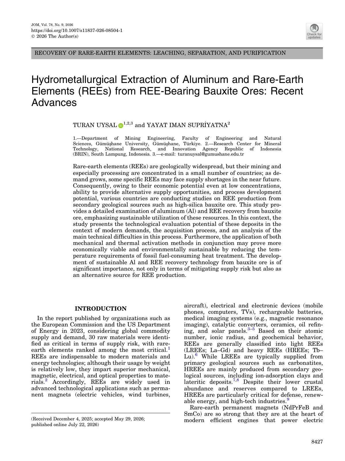 First page of Hydrometallurgical Extraction of Aluminum and Rare-Earth Elements (REEs) from REE-Bearing Bauxite Ores: Recent Advances