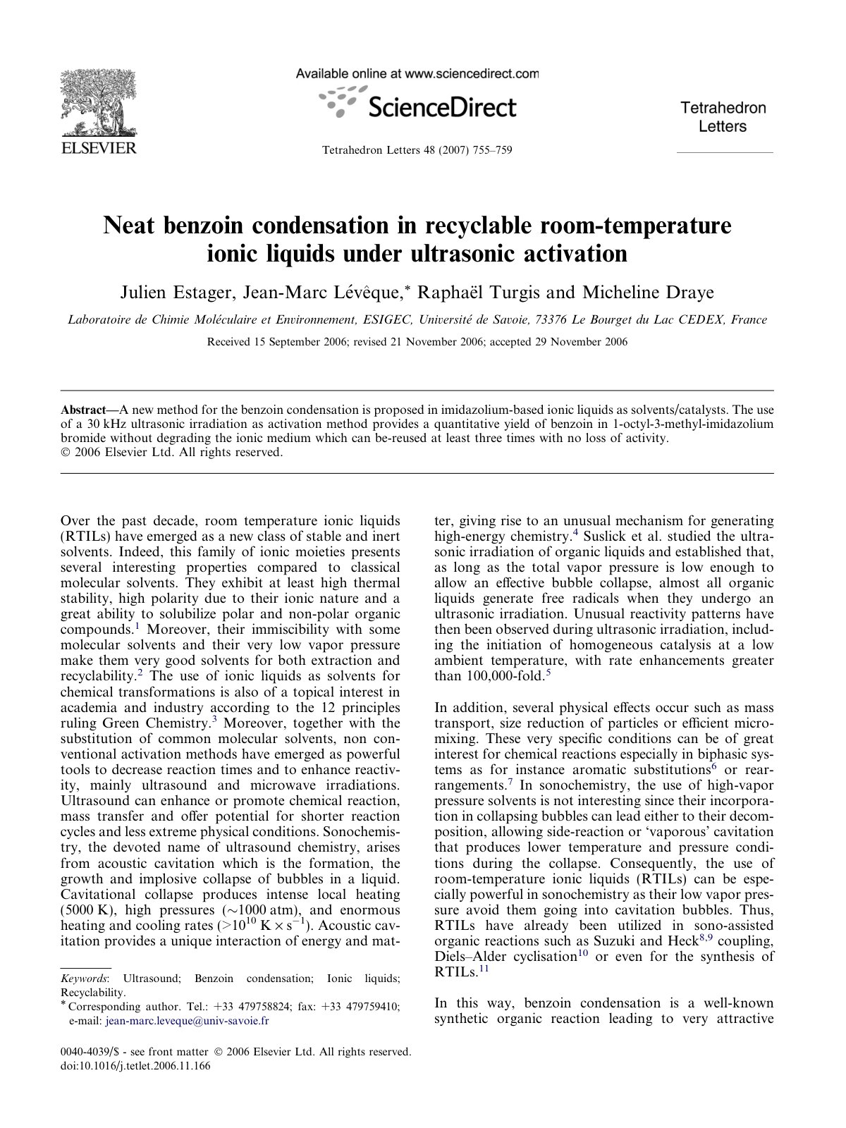 First page of Neat benzoin condensation in recyclable