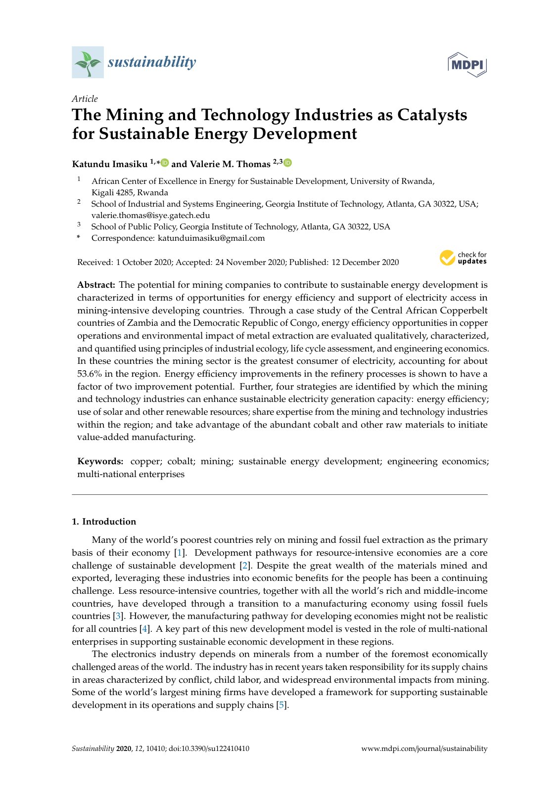 First page of The Mining and Technology Industries as Catalysts for Sustainable Energy Development