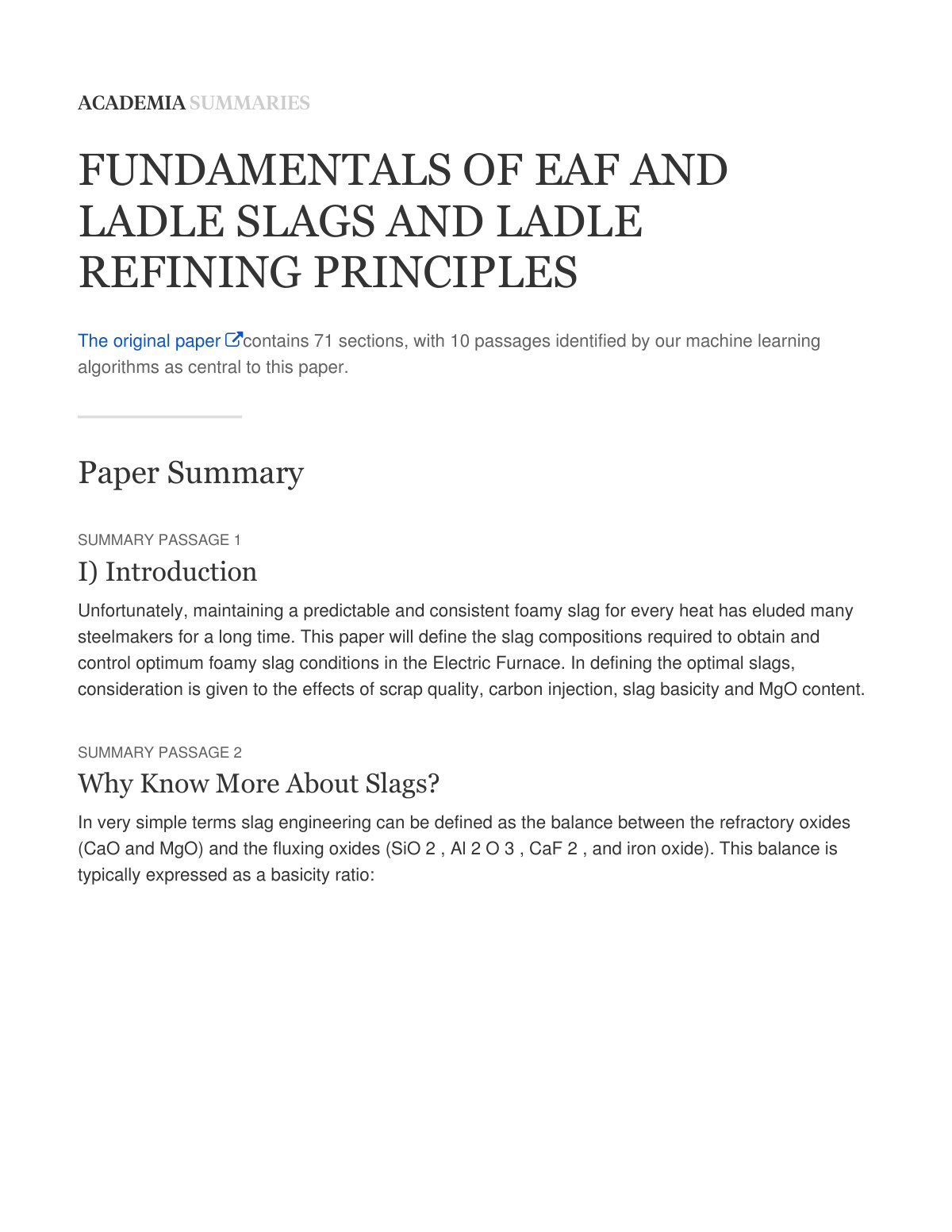 First page of Academia Summary — FUNDAMENTALS OF EAF AND LADLE SLAGS AND LADLE REFINING PRINCIPLES