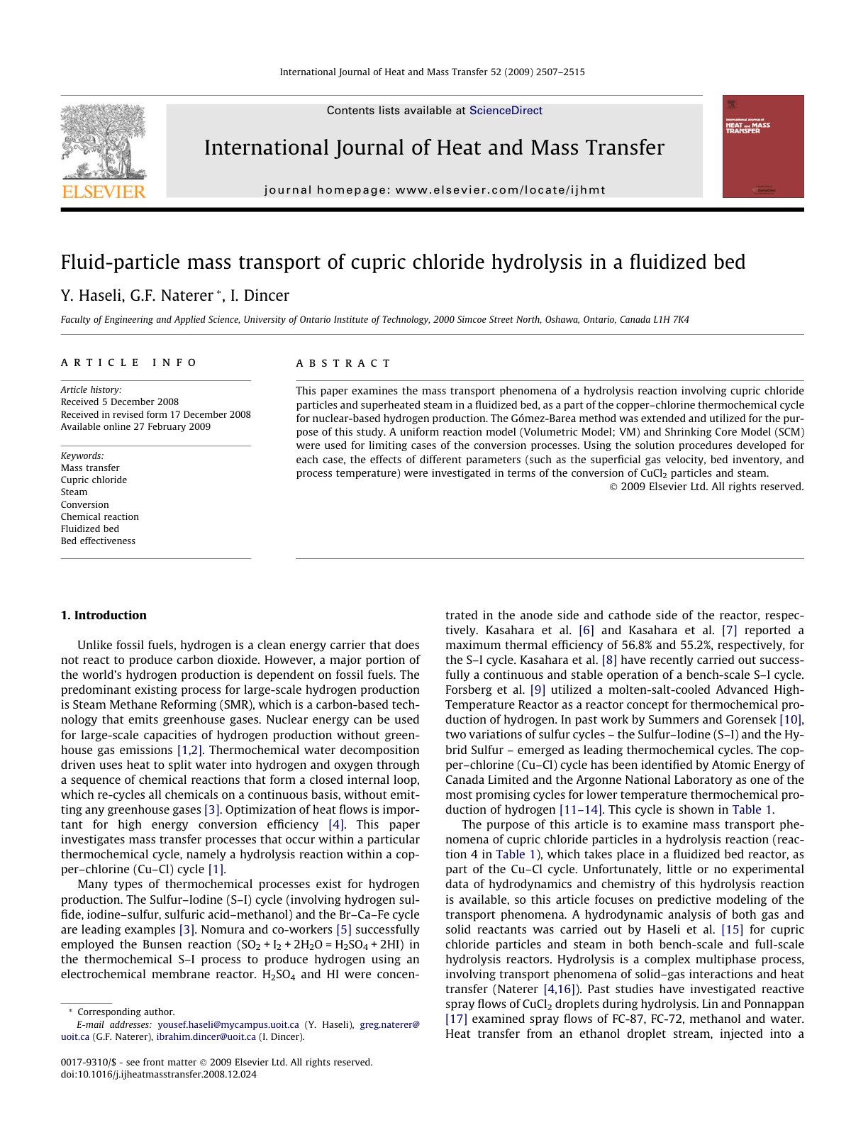 First page of Fluid-particle mass transport of cupric chloride hydrolysis in a ﬂuidized bed