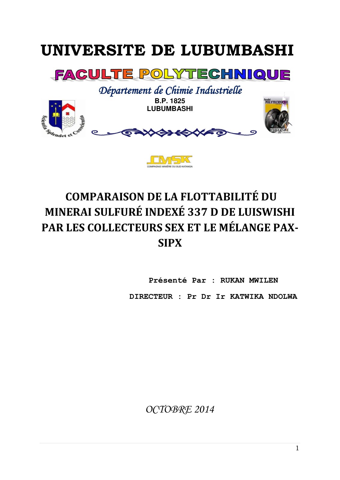 First page of COMPARAISON DE LA FLOTTABILITÉ DU MINERAI SULFURÉ INDEXÉ 337 D DE LUISWISHI PAR LES COLLECTEURS SEX ET LE MÉLANGE PAX-SIPX