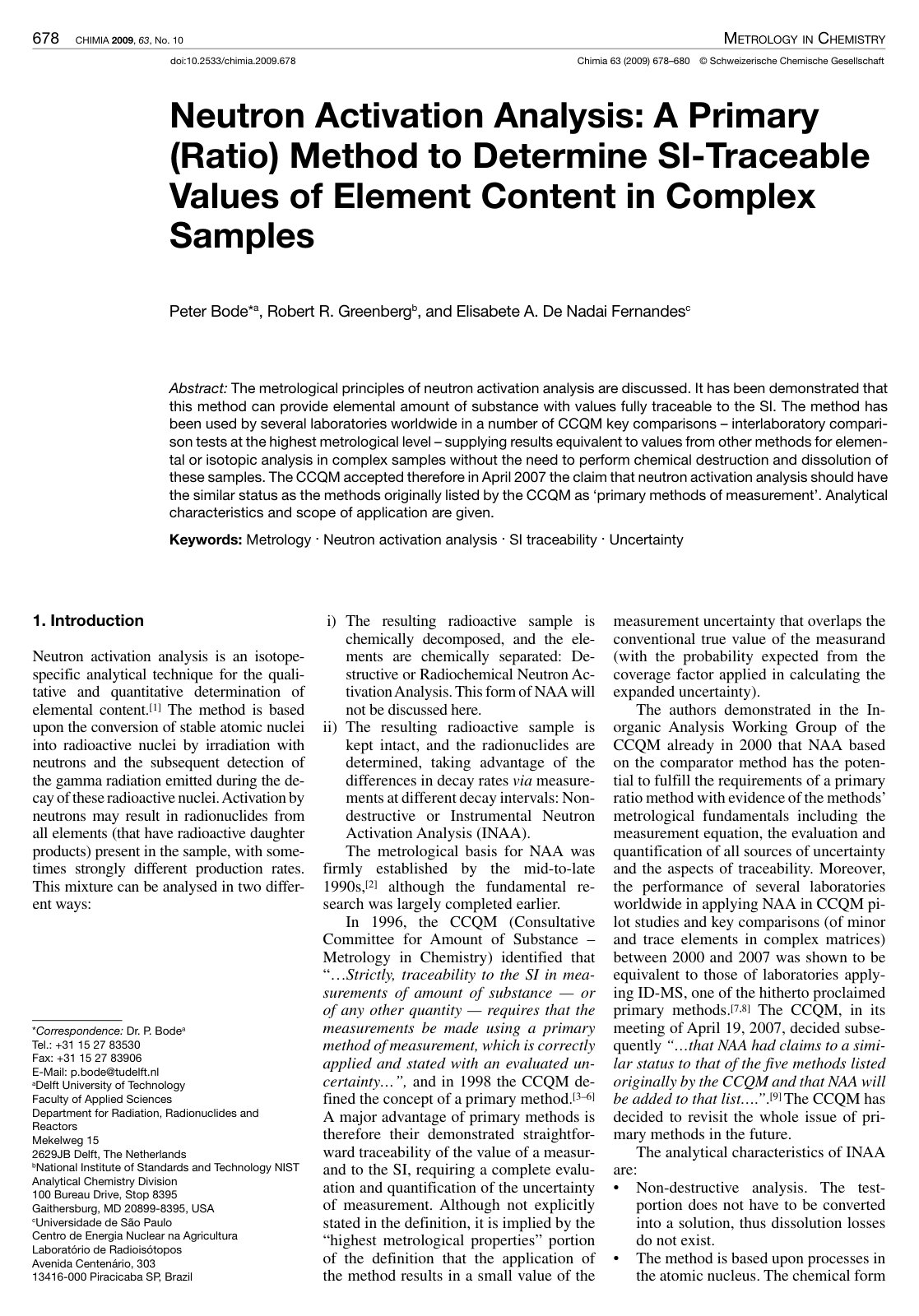 First page of Neutron Activation Analysis: A Primary (Ratio) Method to Determine SI-Traceable Values of Element Content in Complex Samples