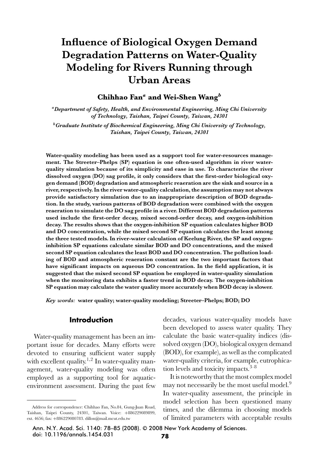 First page of Inﬂuence of Biological Oxygen Demand Degradation Patterns on W ater-Quality Modeling for Rivers Running through Urban Areas