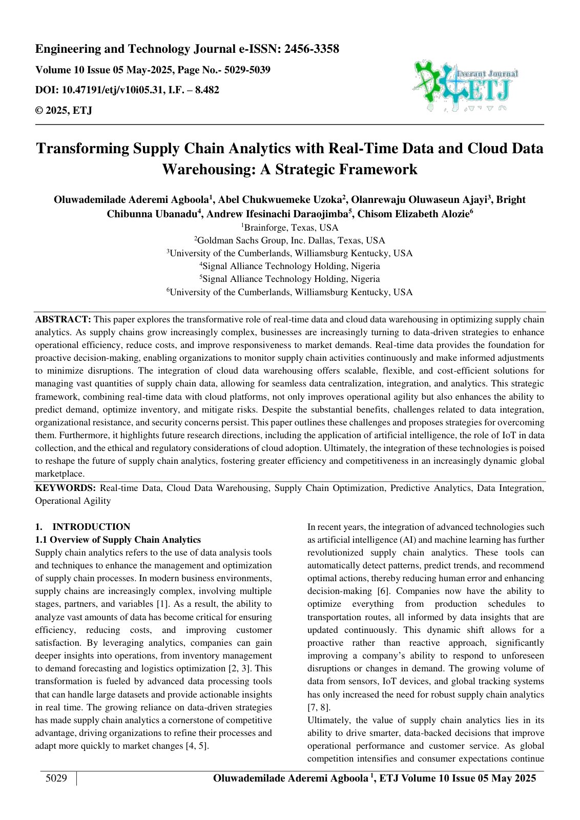 First page of Transforming Supply Chain Analytics with Real-Time Data and Cloud Data  Warehousing: A Strategic Framework  
