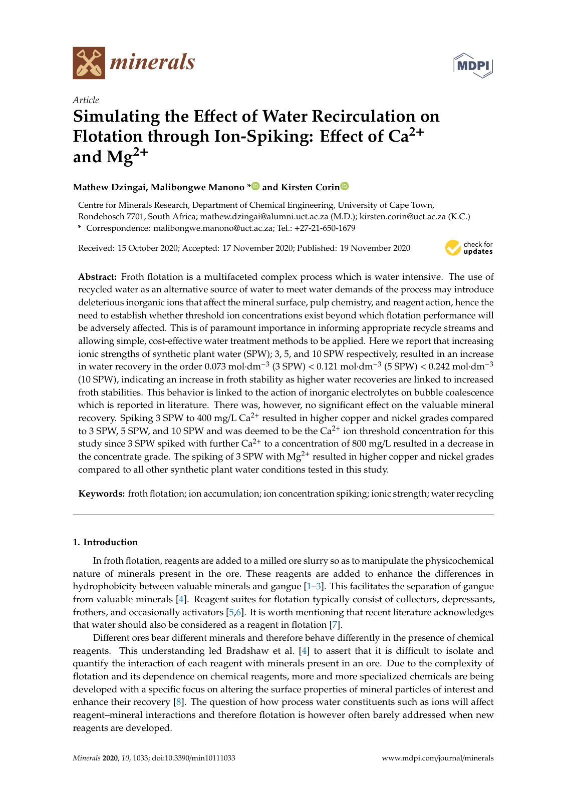 First page of Simulating the Effect of Water Recirculation on Flotation through Ion-Spiking: Effect of Ca2+ and Mg2+