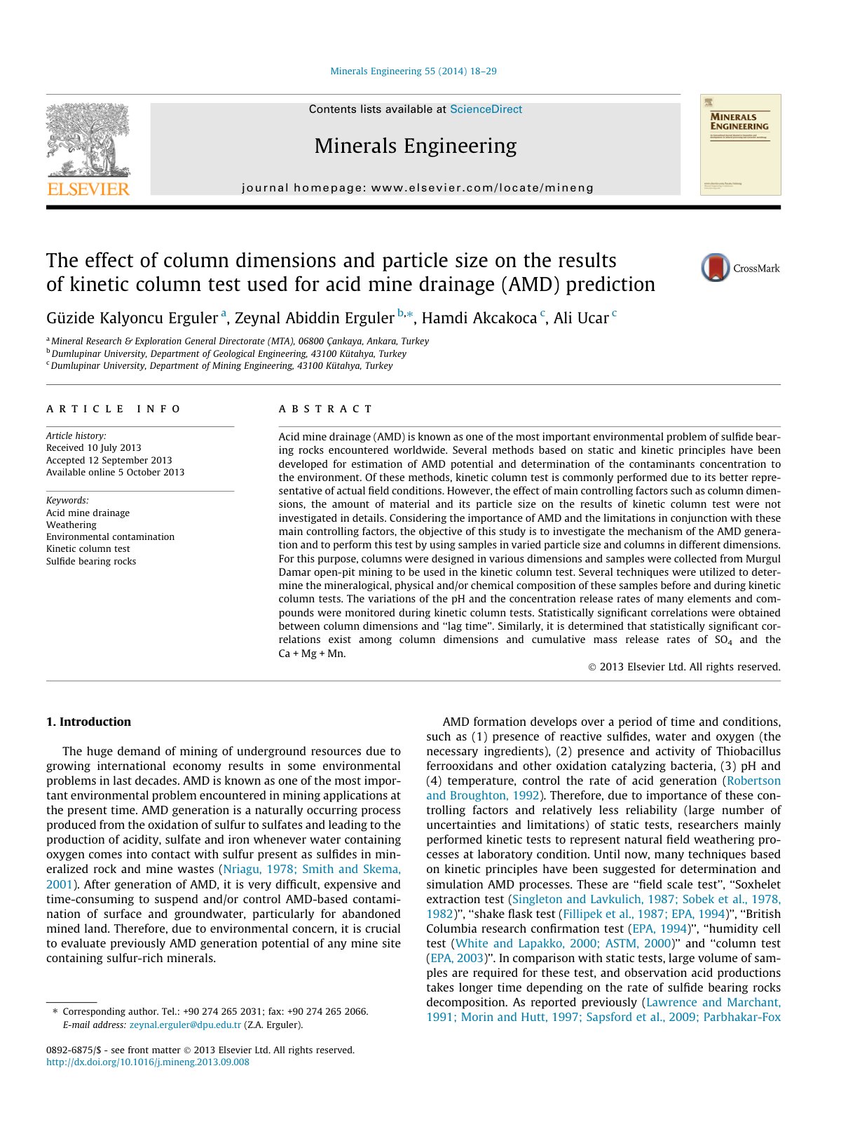 First page of The effect of column dimensions and particle size on the results of kinetic column test used for acid mine drainage (AMD) prediction