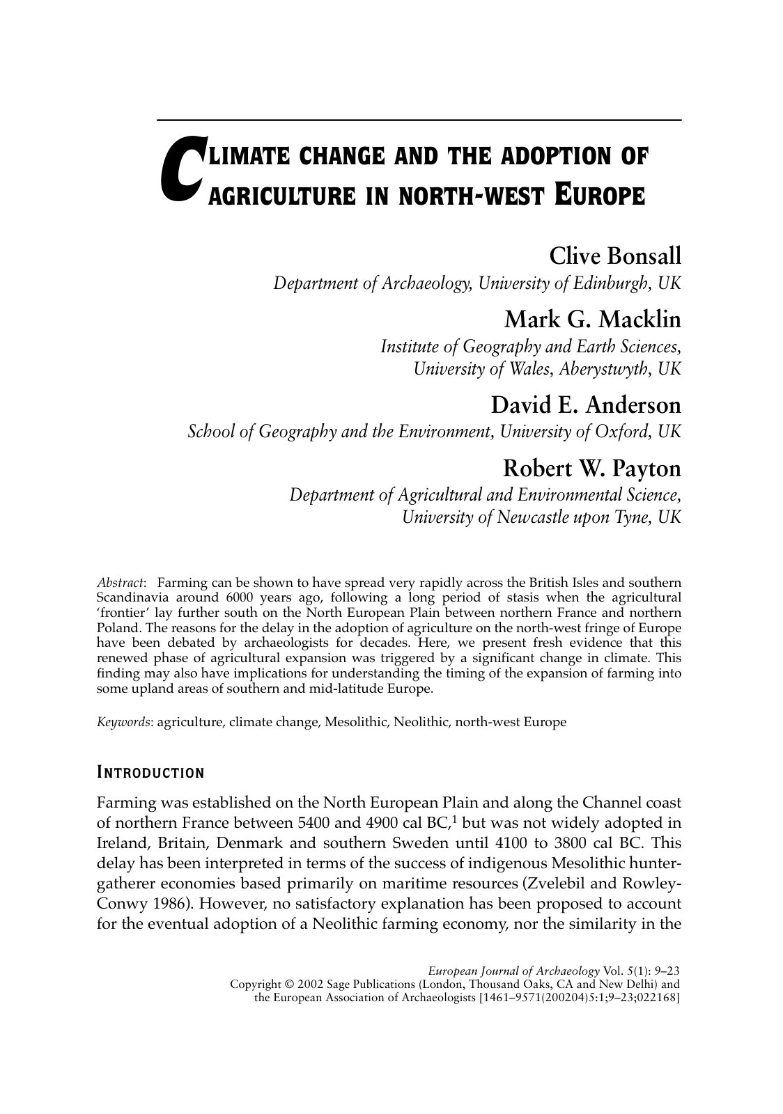 First page of Climate Change and the Adoption of Agriculture in North-West Europe