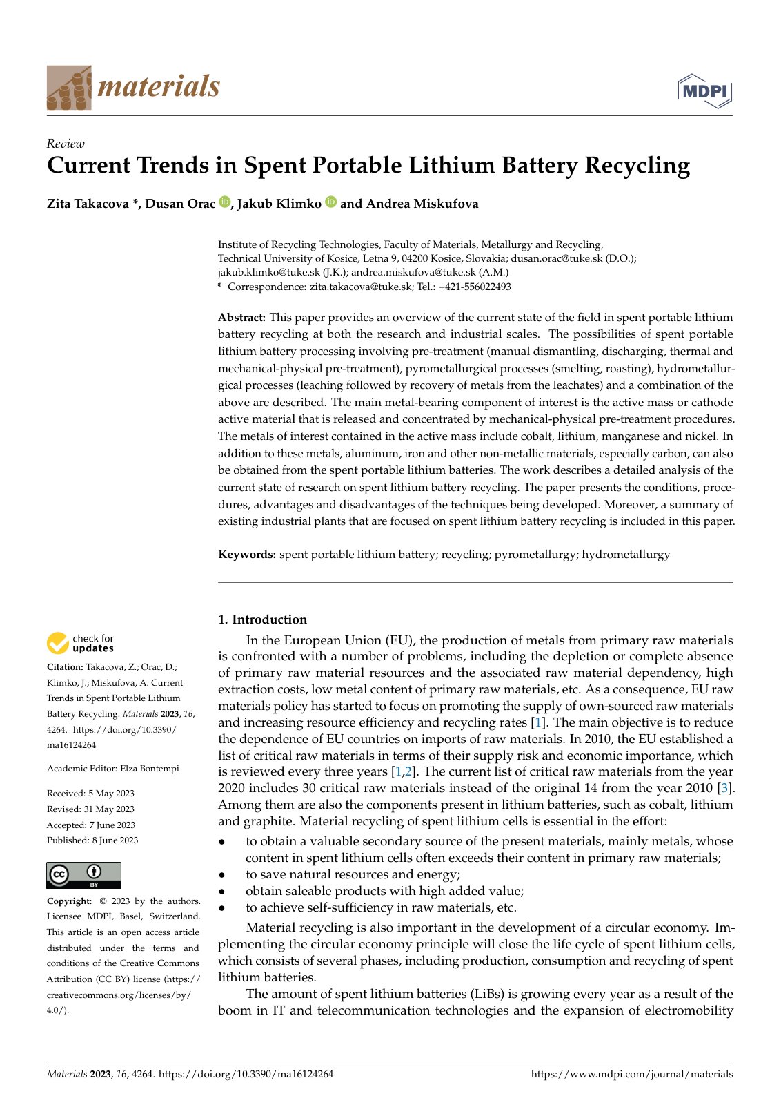 First page of Current Trends in Spent Portable Lithium Battery Recycling