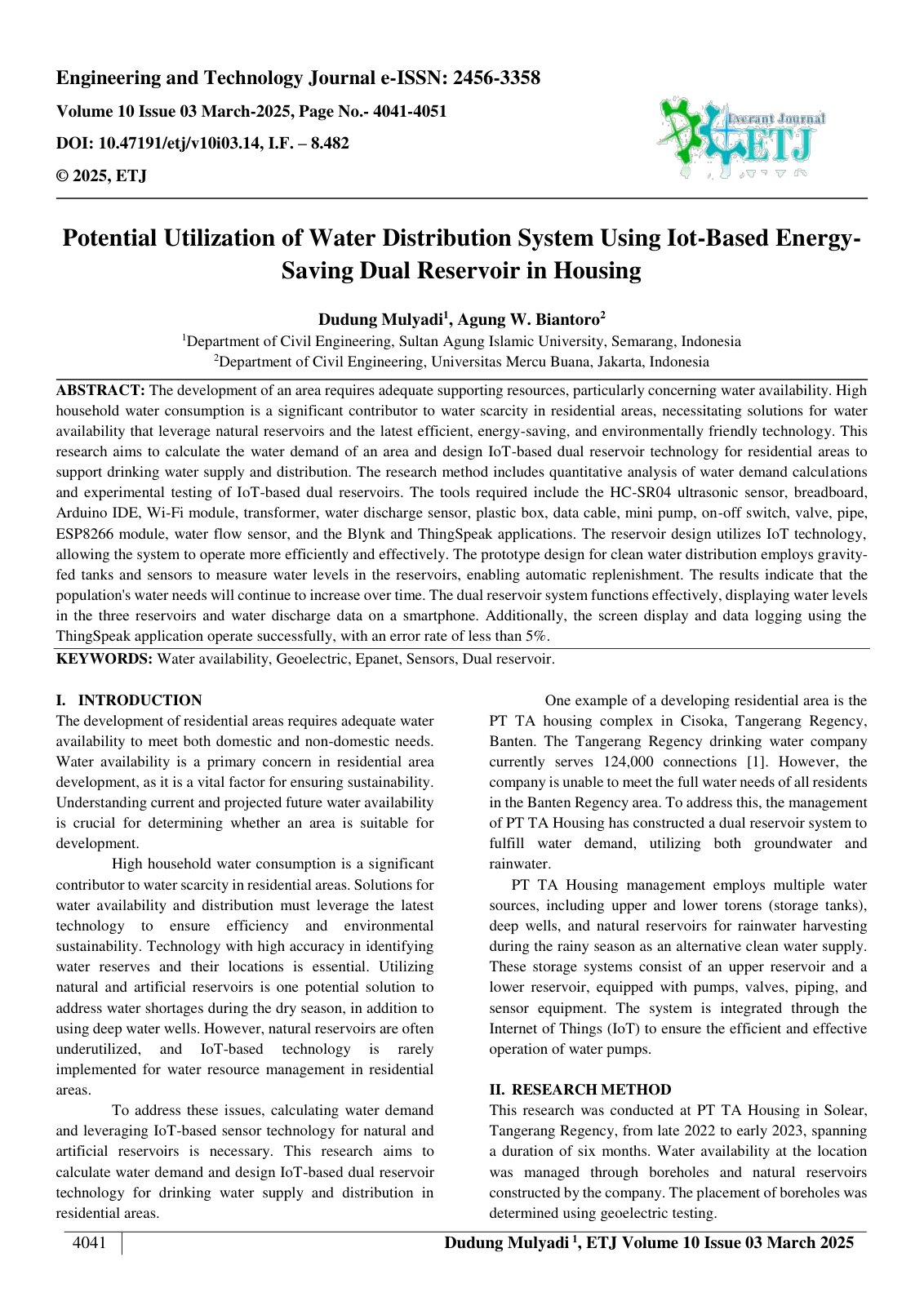 First page of Potential Utilization of Water Distribution System Using Iot-Based Energy Saving Dual Reservoir in Housing  