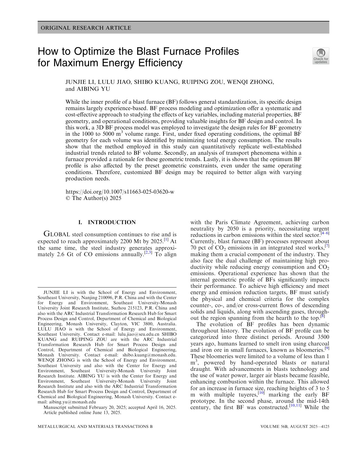 First page of 2025 Li Blast Furnace Profile Efficiency