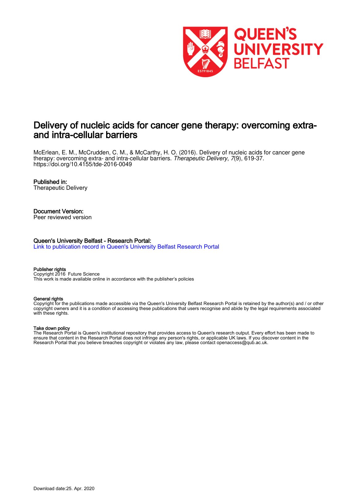 First page of Delivery of nucleic acids for cancer gen