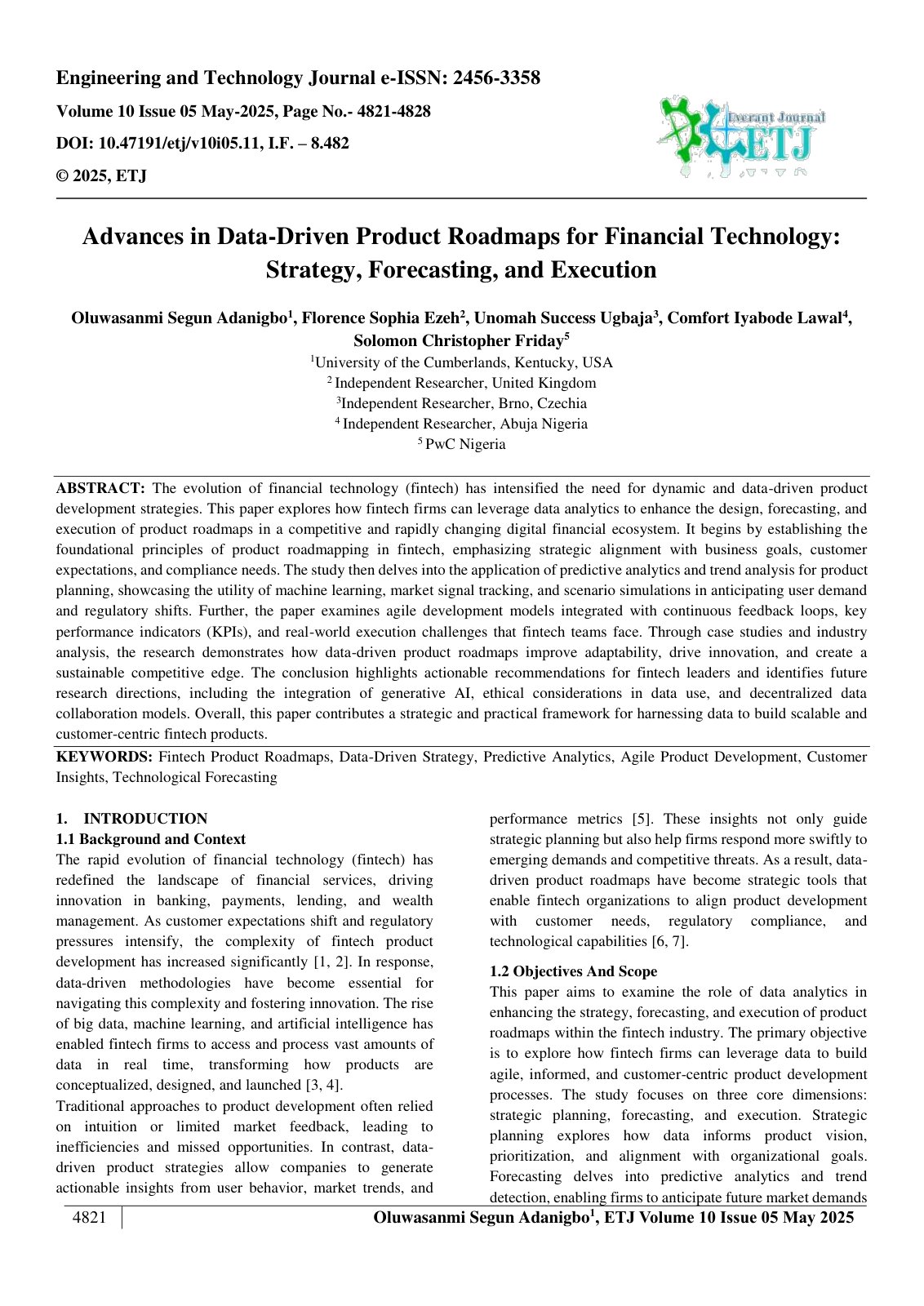 First page of Advances in Data-Driven Product Roadmaps for Financial Technology:  Strategy, Forecasting, and Execution  