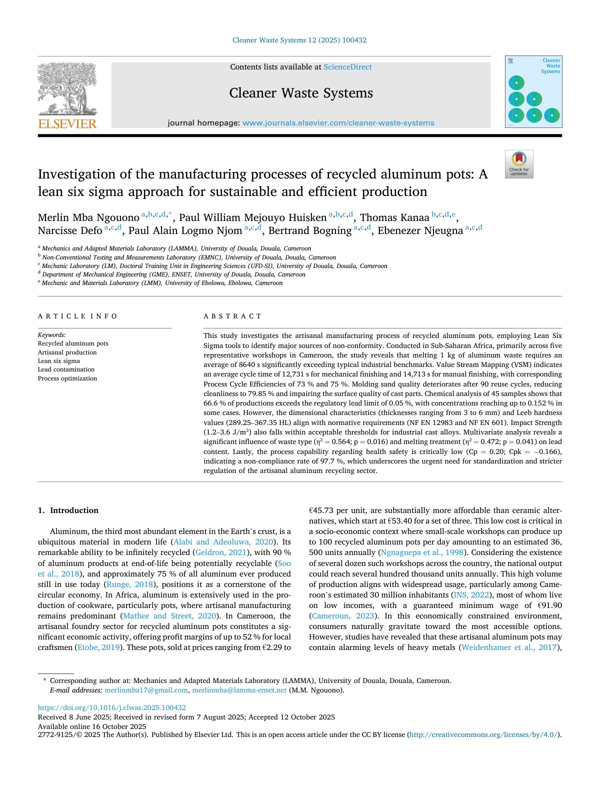 First page of Investigation of the manufacturing processes of recycled aluminum pots: A lean six sigma approach for sustainable and efficient production