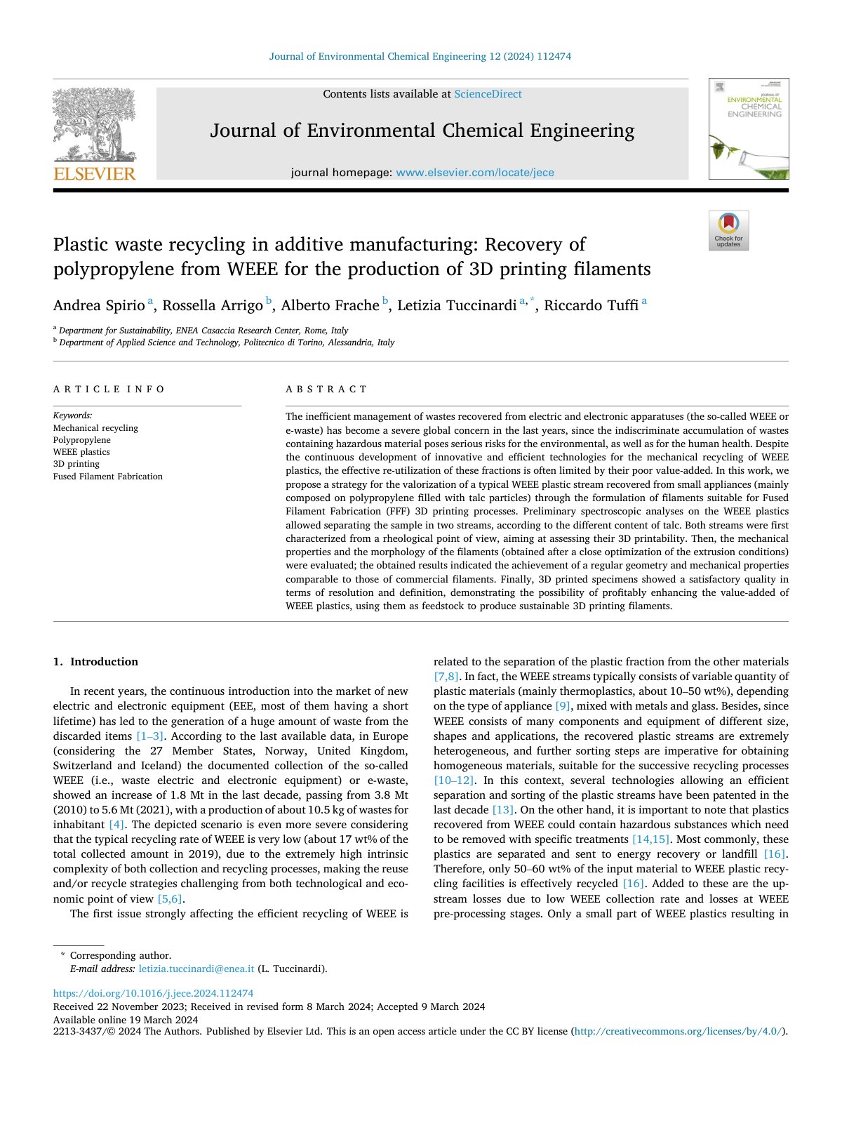 First page of Plastic waste recycling in additive manufacturing  R 2024 Journal of Environ