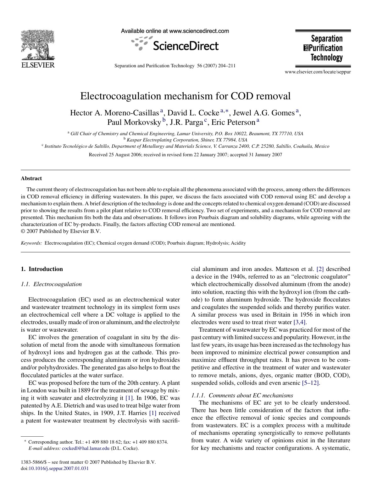First page of Electrocoagulation mechanism for COD removal