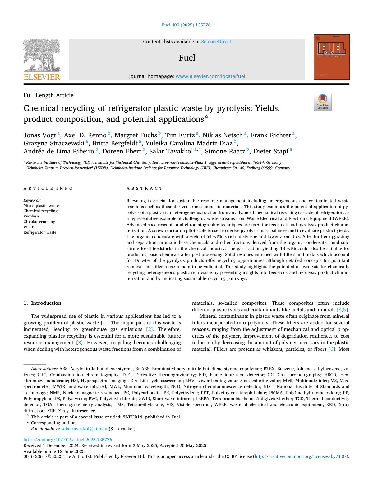 First page of Chemical recycling of refrigerator plastic waste by pyrolysis  Yield 2025 Fu