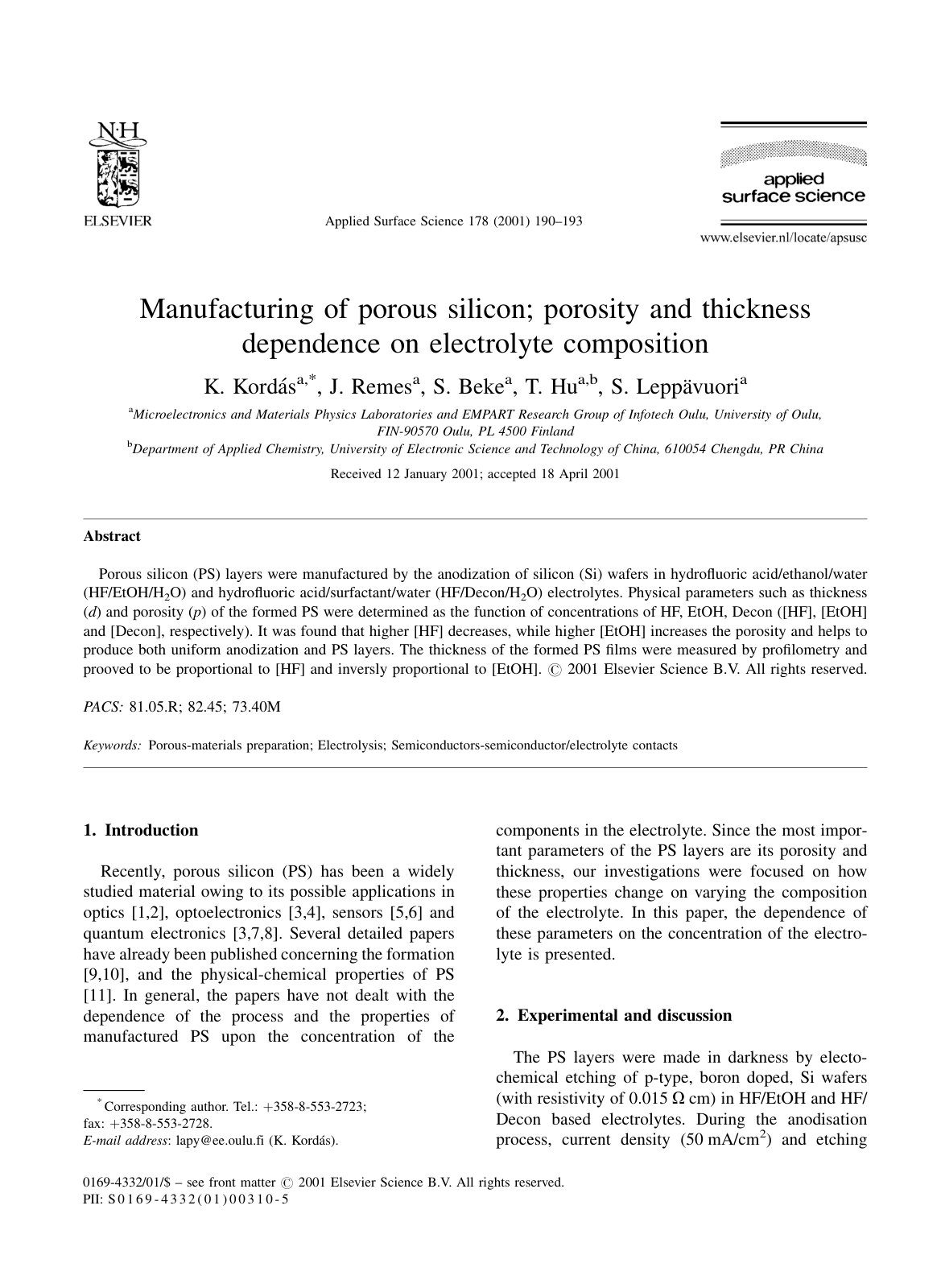 First page of Manufacturing of porous silicon porosity
