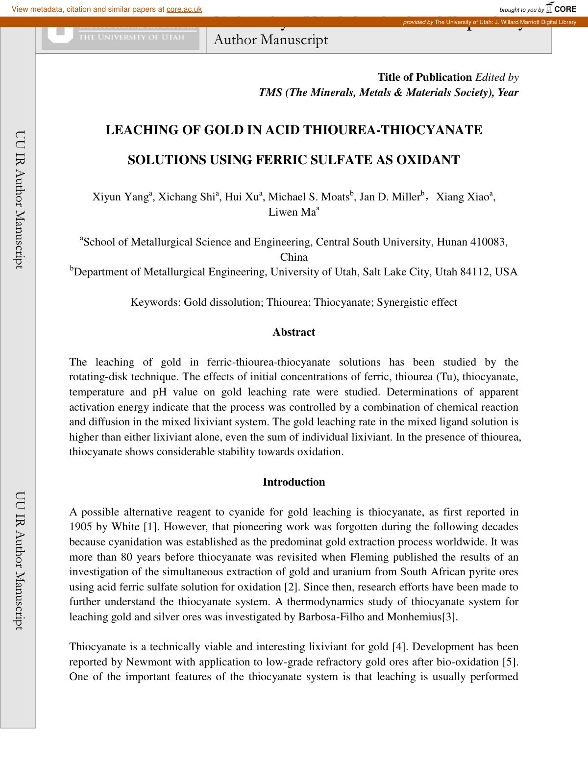 First page of Leaching of Gold in Acid Thiourea thiocy