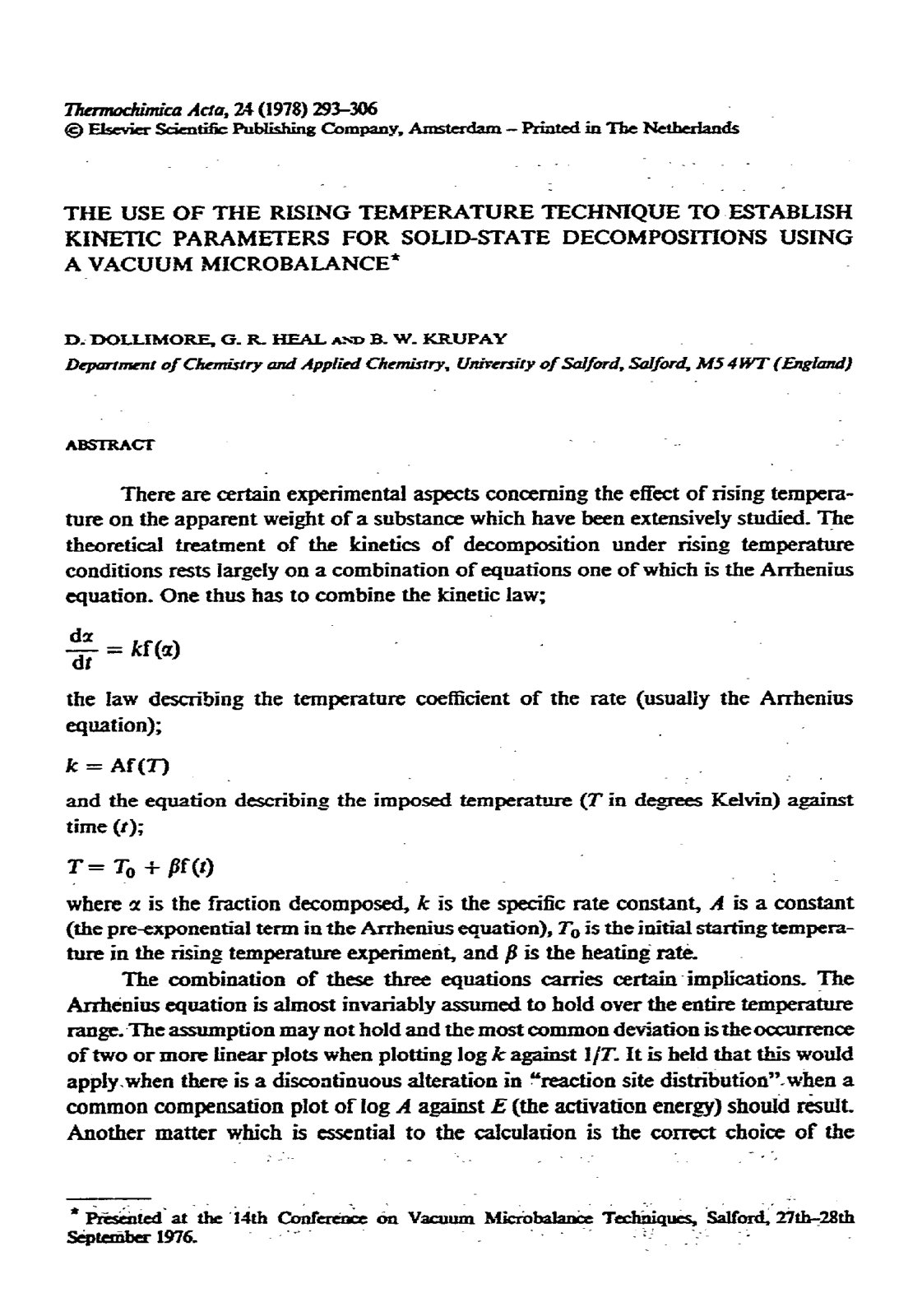 First page of THE USE OF THE RISING TEMPERATURE TECHNIQUE TO ESTABLISH KINE’I-IC PARAMETERS FOR SOLID-STATE DECOMPOSITIONS A VACUUM MICROBALANCE