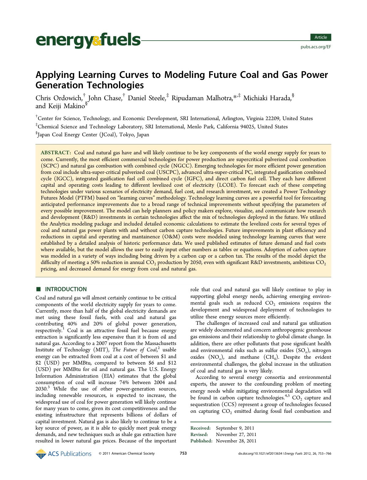 First page of Applying Learning Curves to Modeling Future Coal and Gas Power Generation Technologies