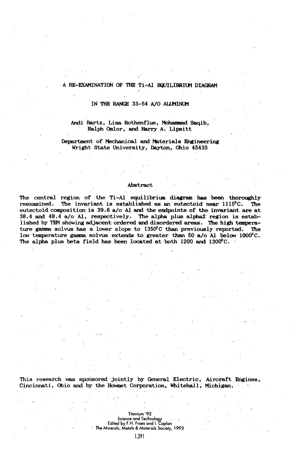 First page of 1992 Vol.2 1 A Re examination of the Ti A1 Equilibrium Diagram Andi Bartz