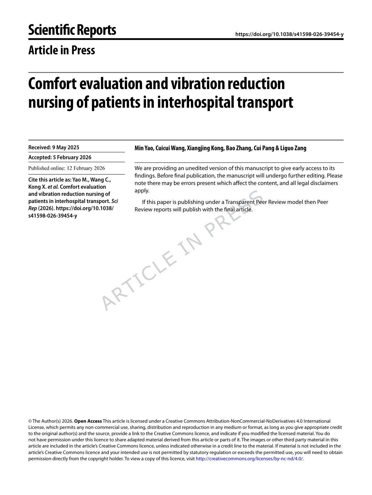 First page of Comfort evaluation and vibration reduction nursing