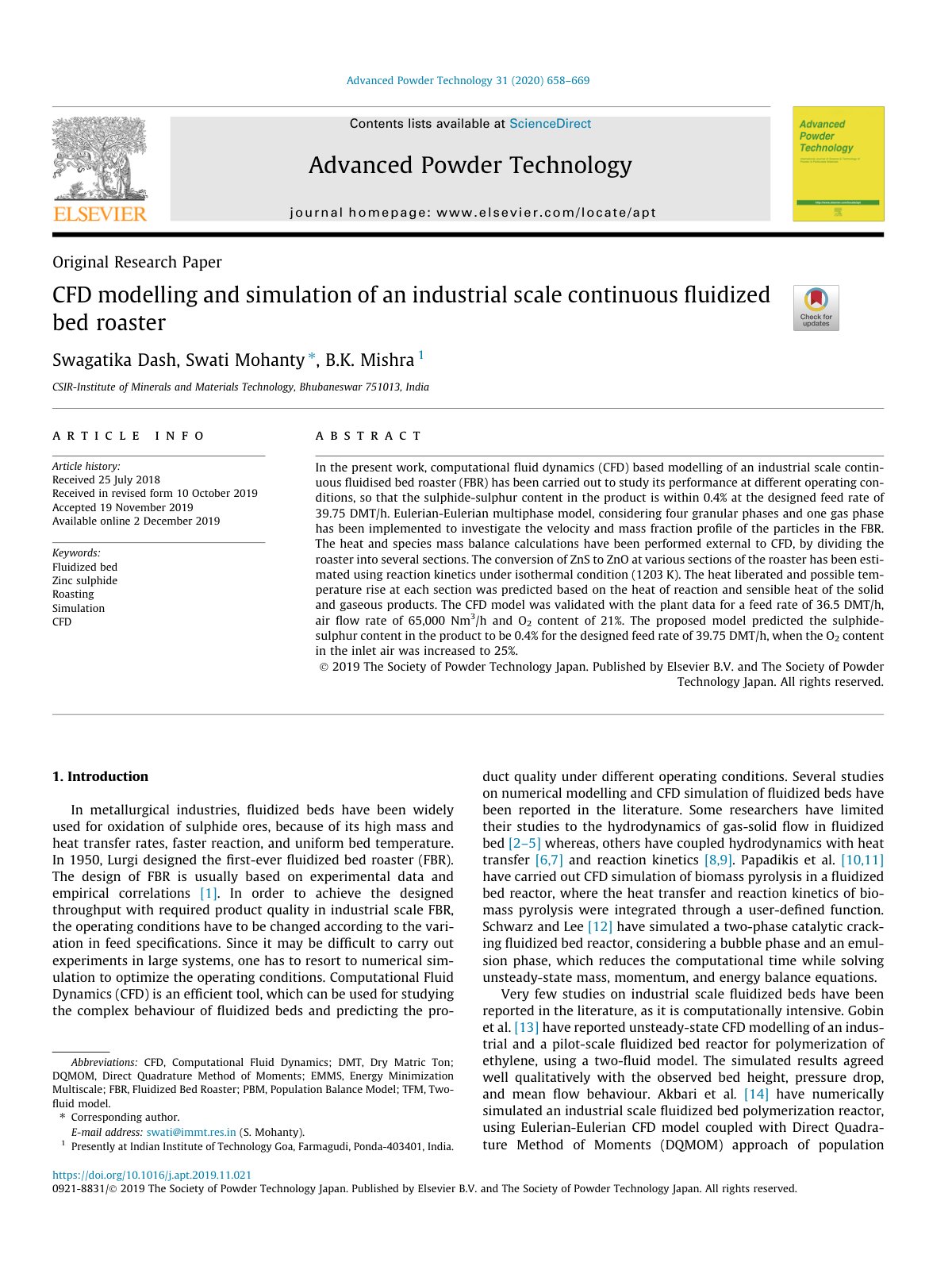 First page of CFD modelling and simulation of an industrial scale continuous fluidized bed roaster