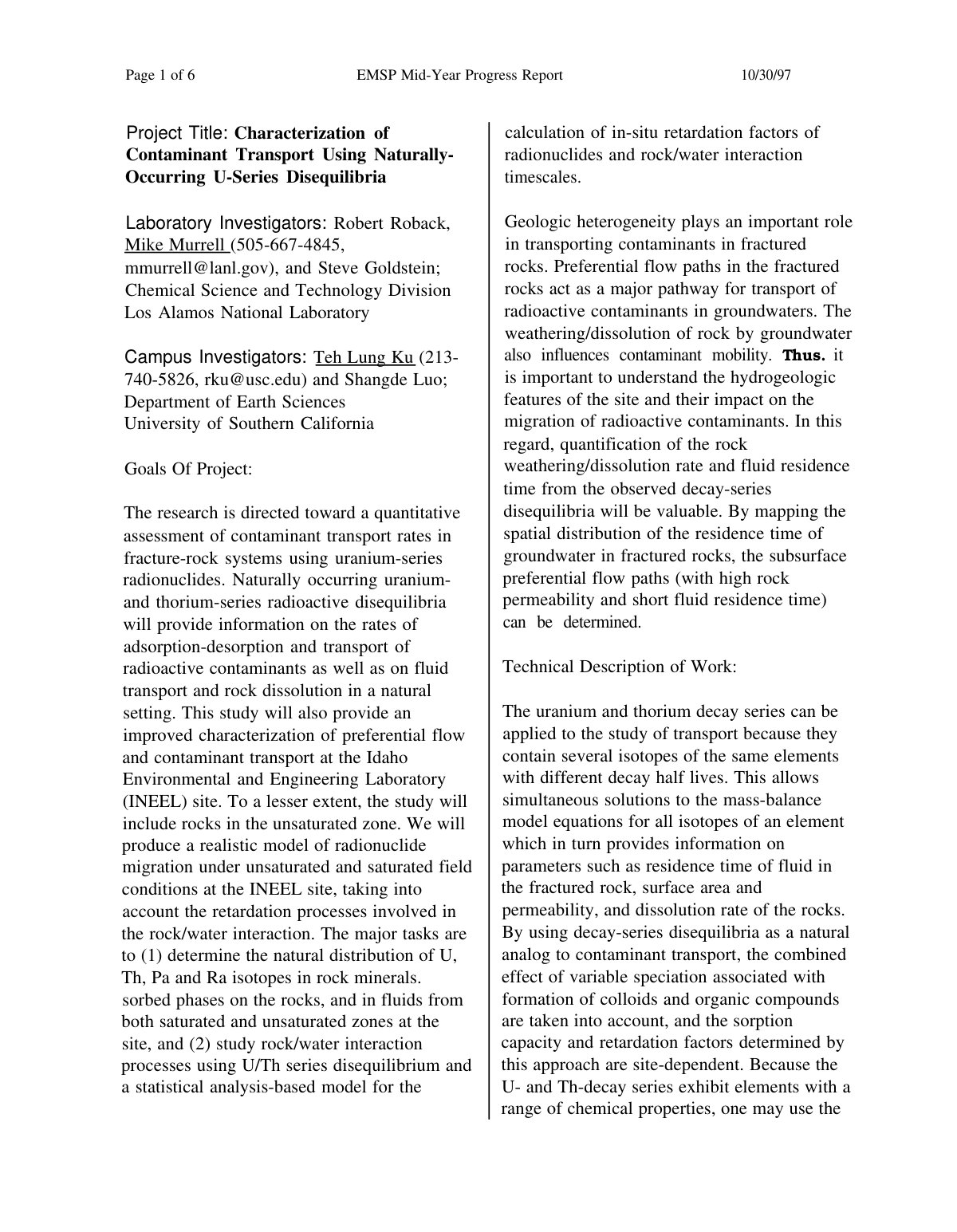First page of Characterization of calculation of in-situ retardation factors of Contaminant Transport Using Naturally- Occurring U-Series Disequilibria timescales.