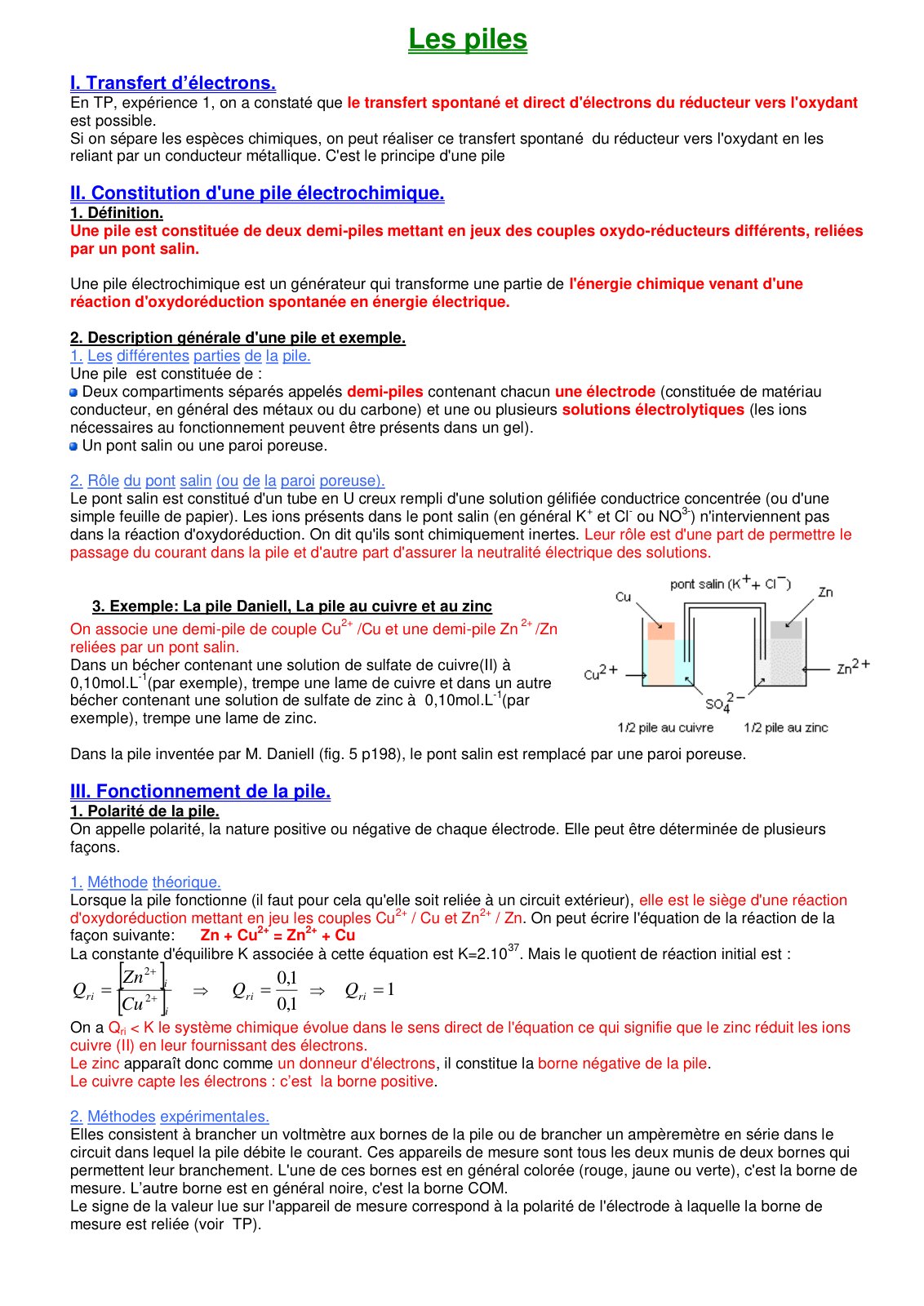 First page of Cours Les piles et production d energie