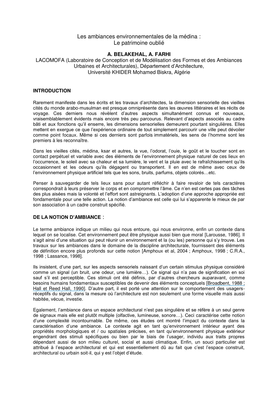 First page of Les ambiances environnementales de la médina : Le patrimoine oublié
