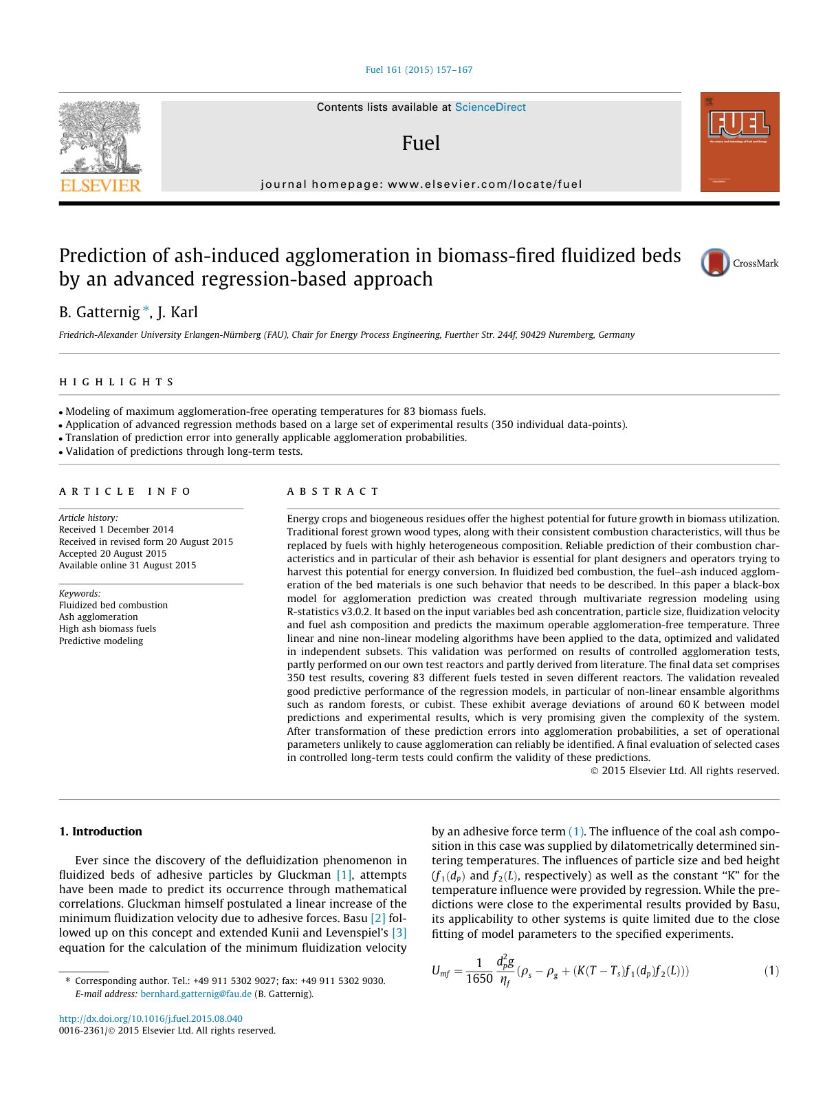 First page of Prediction of ash induced agglomeration in biomass fired fluidized b 2015 Fu