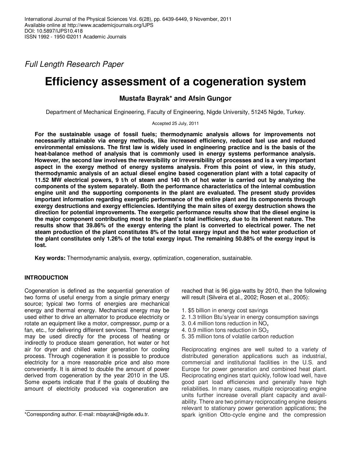 First page of Efficiency assessment of a cogeneration
