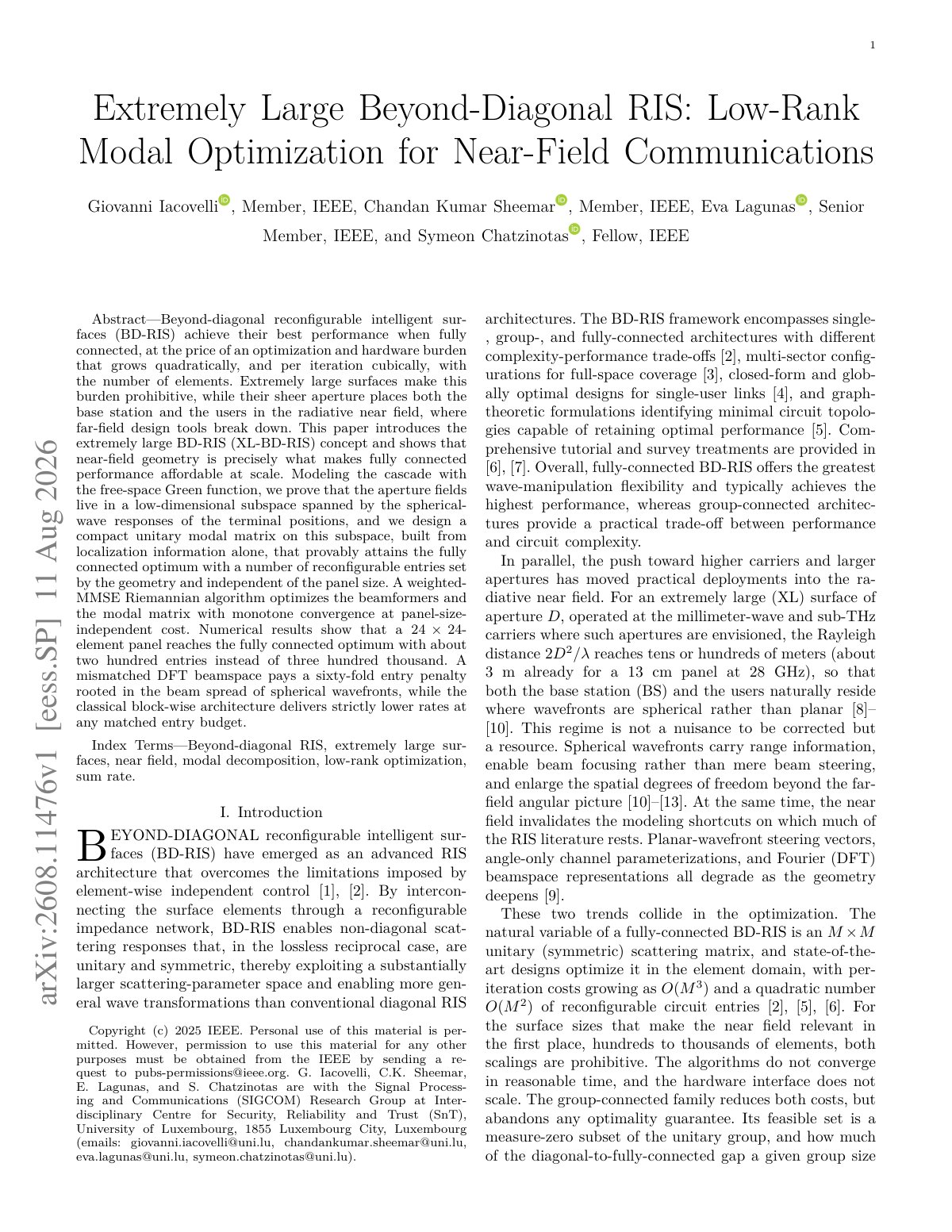First page of Extremely Large Beyond-Diagonal RIS: Low-Rank Modal Optimization for Near-Field Communications