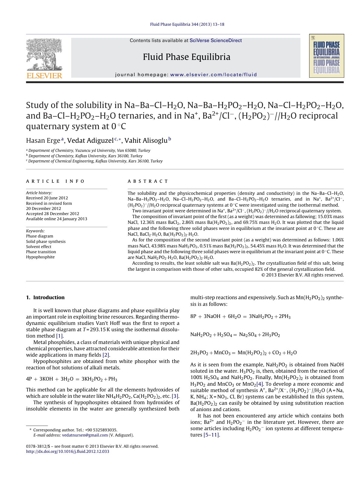 First page of Study of the solubility in Na–Ba–Cl–H2O, Na–Ba–H2PO2–H2O, Na–Cl–H2PO2–H2O, and Ba–Cl–H2PO2–H2O ternaries, and in Na+, Ba2+/Cl−, (H2PO2)− //H2O reciprocal quaternary system at 0 ◦C