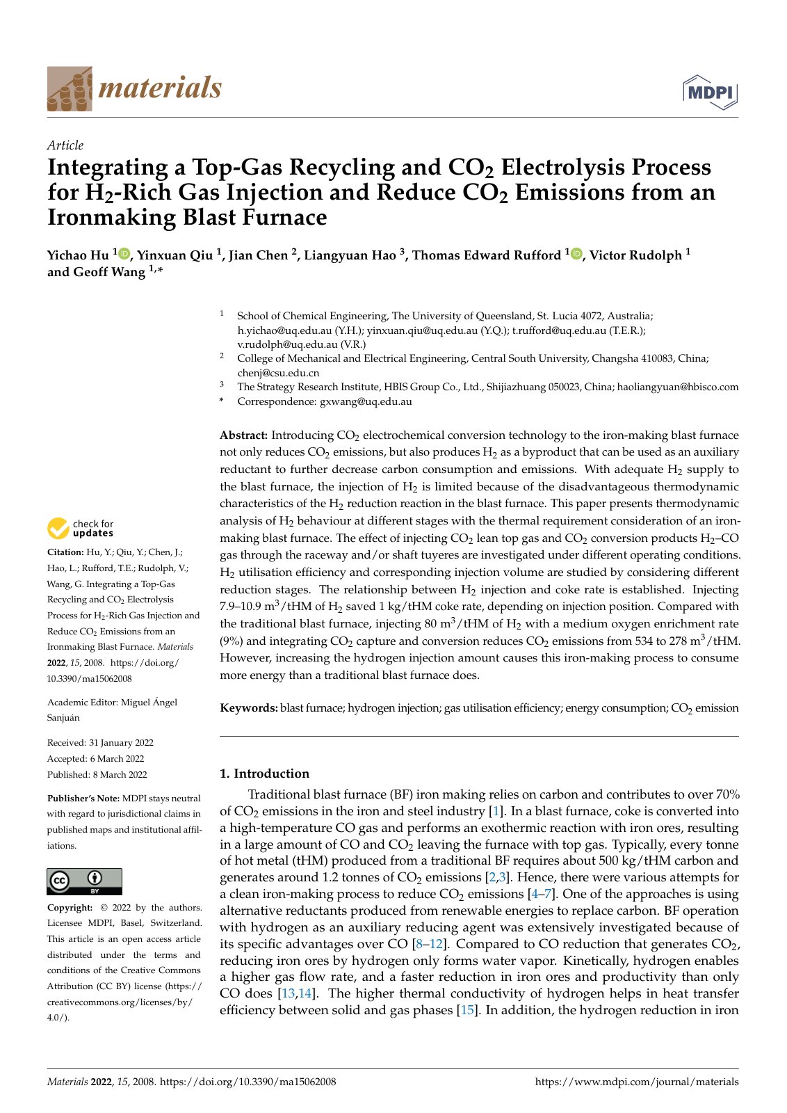 First page of Integrating a Top-Gas Recycling and CO2 Electrolysis Process for H2-Rich Gas Injection and Reduce CO2 Emissions from an Ironmaking Blast Furnace