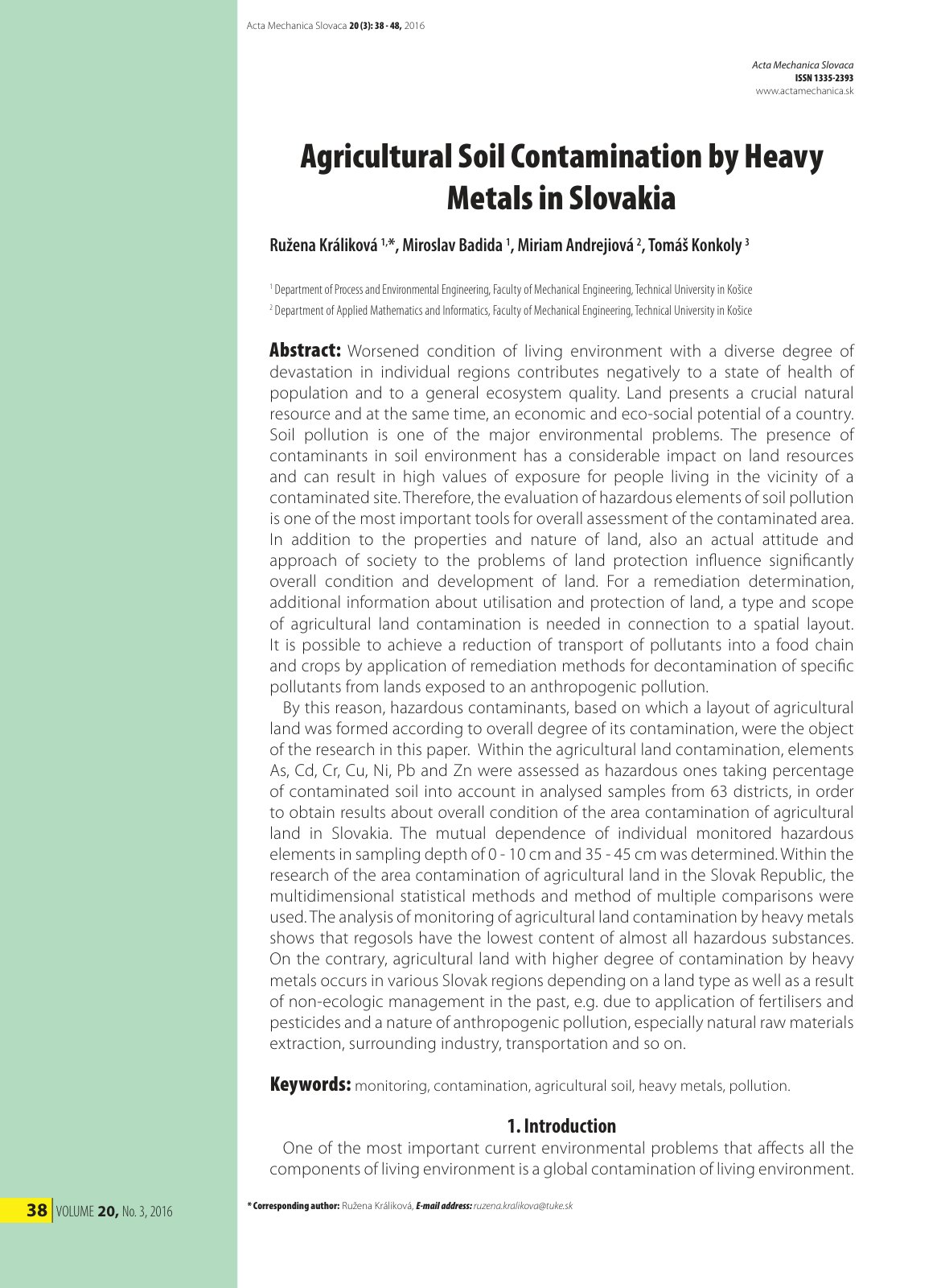 First page of Agricultural Soil Contamination by Heavy Metals in Slovakia