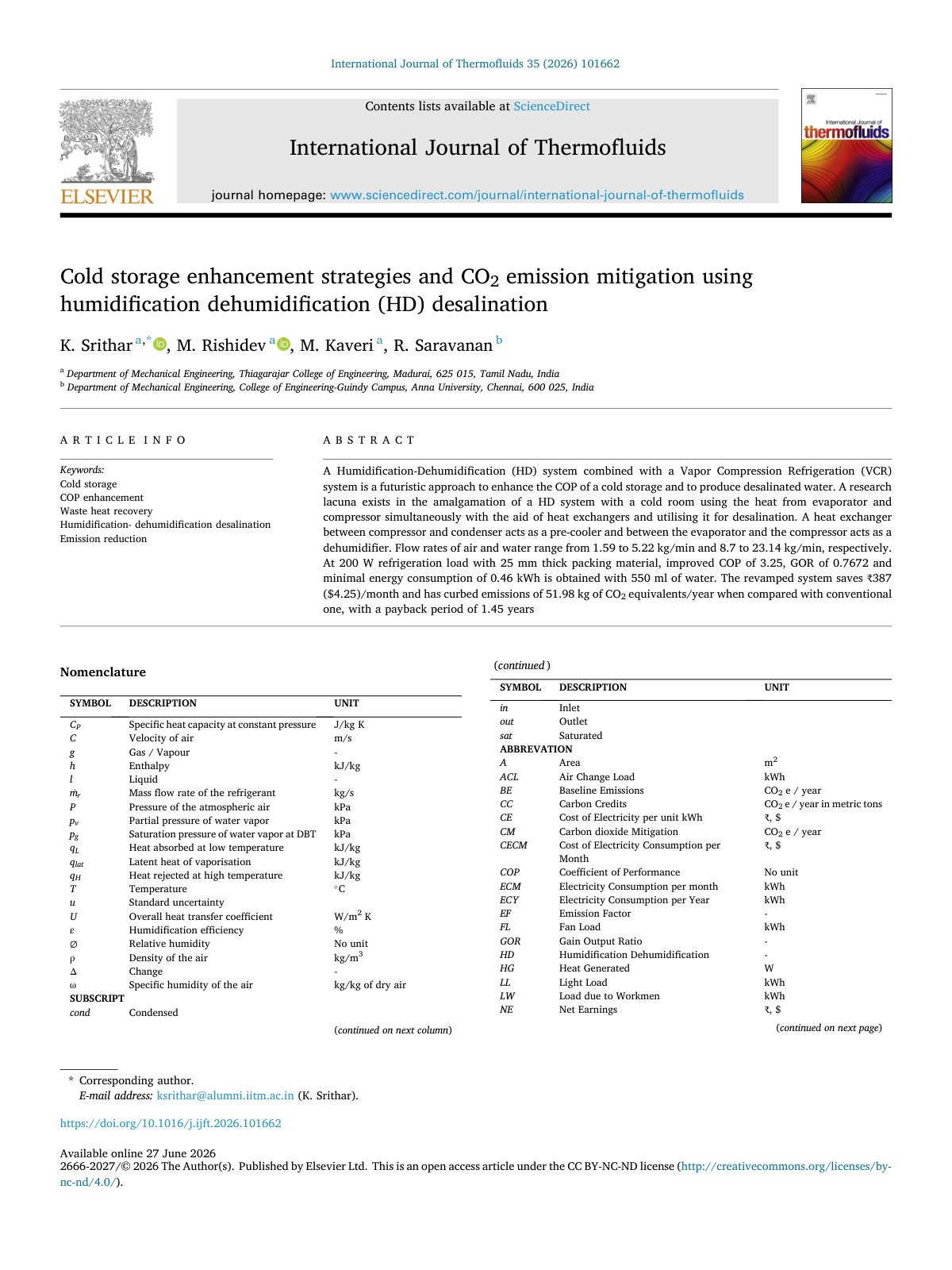 First page of Cold storage enhancement strategies and CO2 emission mitigation using humidification dehumidification (HD) desalination