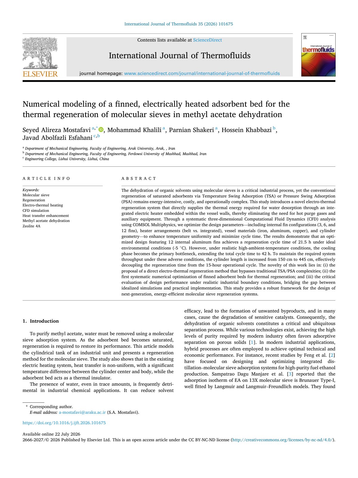 First page of Numerical modeling of a finned, electrically heated adsorbent bed for the thermal regeneration of molecular sieves in methyl acetate dehydration