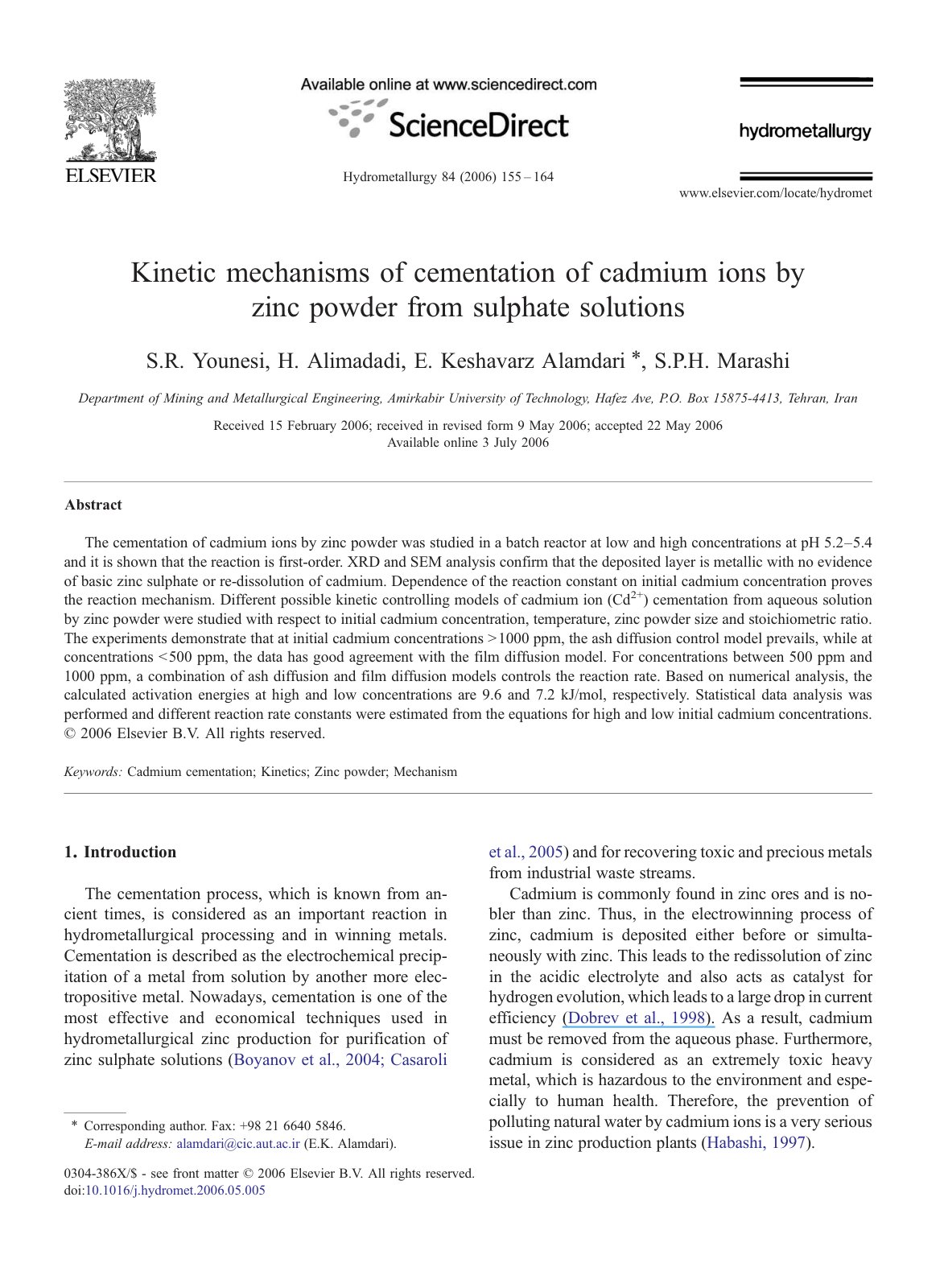 First page of Kinetic mechanisms of cementation of cadmium ions by zinc powder from sulphate solutions